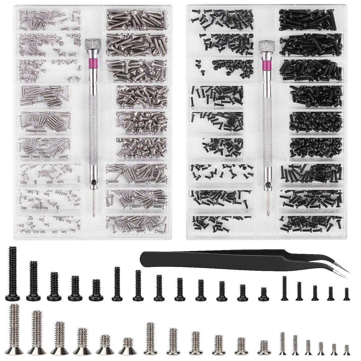 Dailygoods- Schroevenset 1000 Stuks - Assortimentsdoos Schroeven - Microschroeven - Brilschroeven - Reparatieschroeven - Inclusief Schroevendraaier/Pincet - Micro Schroeven