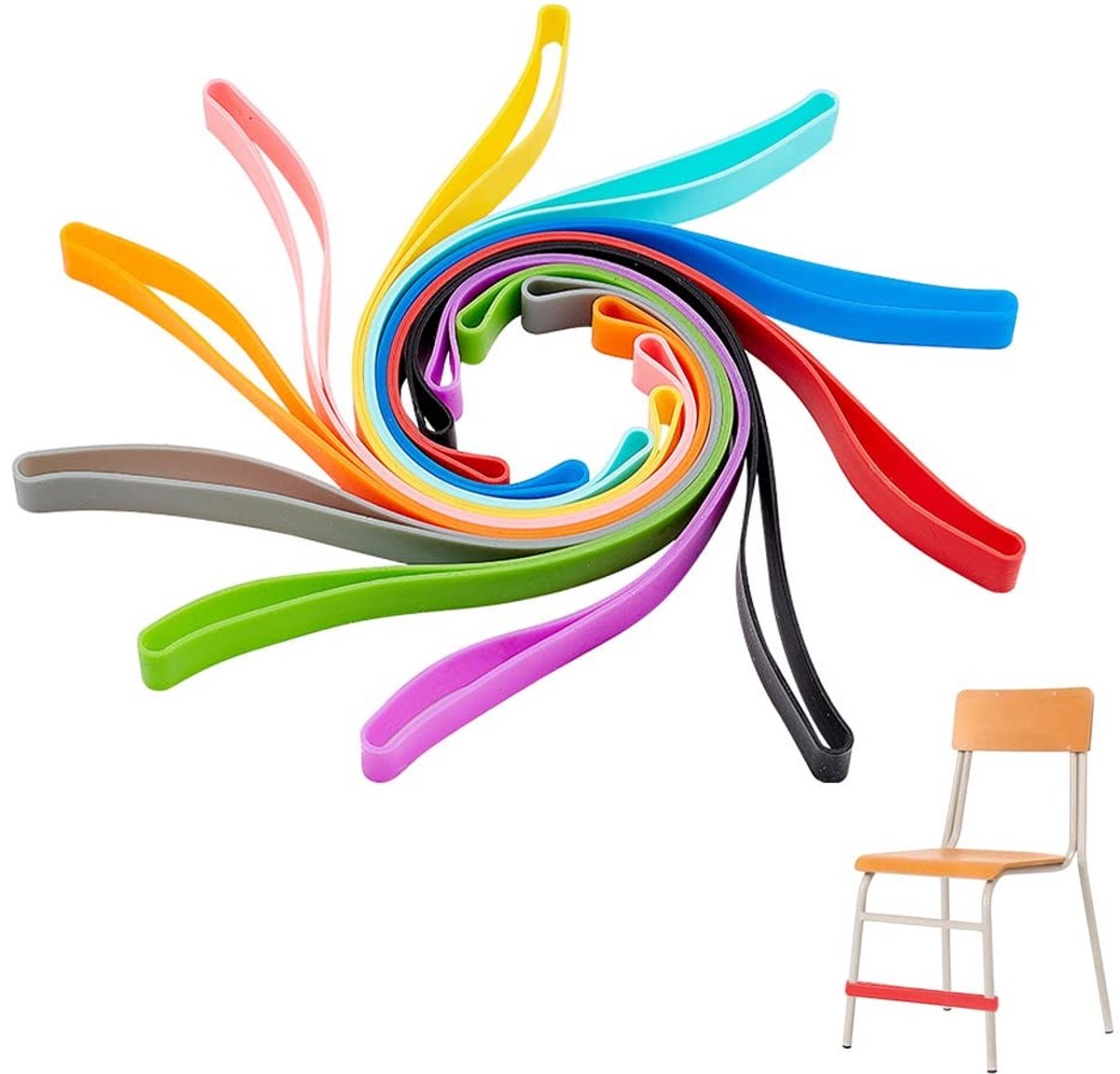 Dailygoods- Klaslokaalstoelen Set van 10 - Kleurrijke Siliconen Springbanden - Zachte Voeten - Rekbare Band - Lichtgewicht - Duurzaam - Schoolstoelen