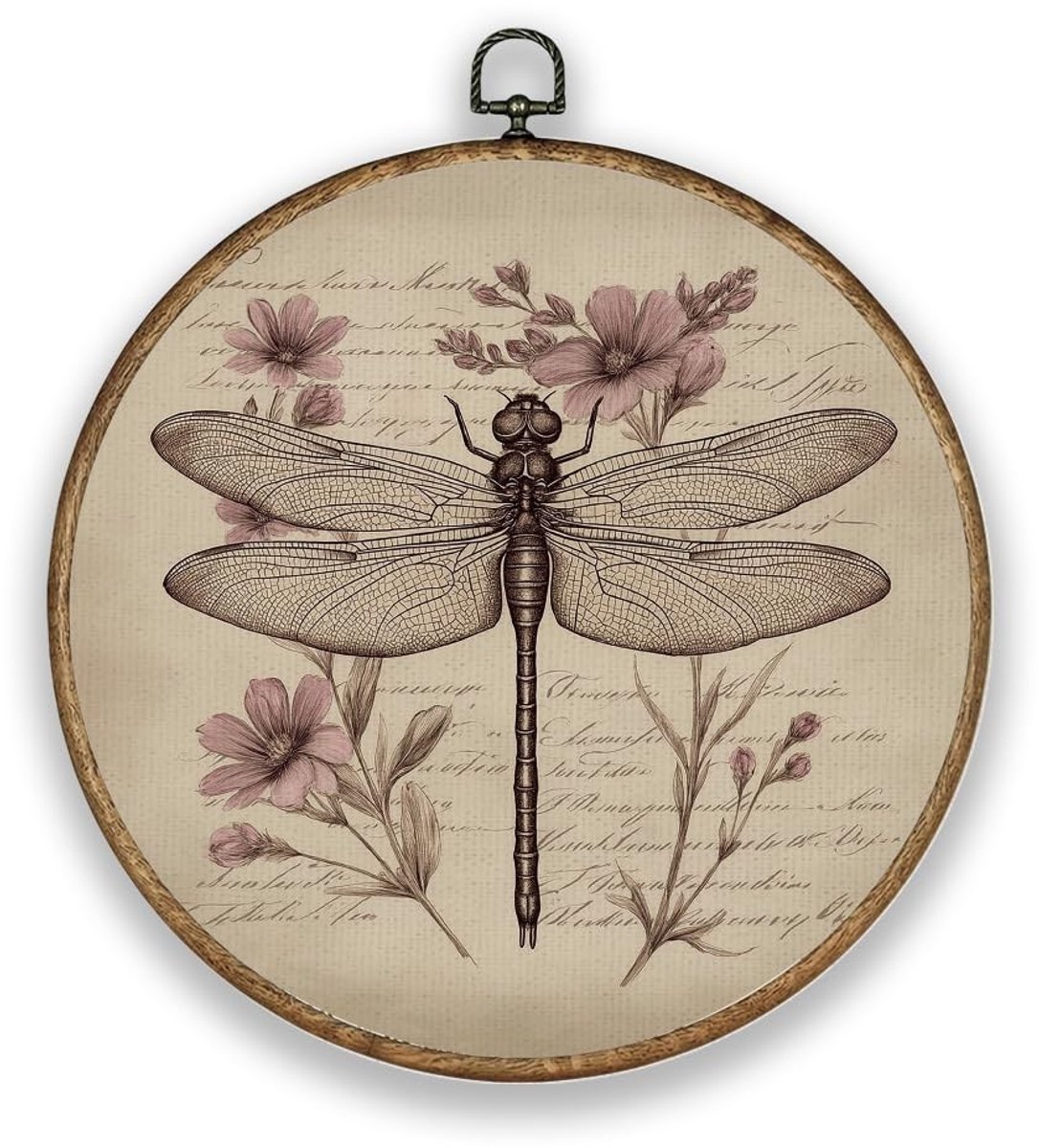 Dailygoods- Muurkunst Ronde Vorm - Wanddecoratie Hout Natuurlijk - Libellen/Bloemen - Vintage Kleur - 26 cm Diameter - Exquise Vakmanschap
