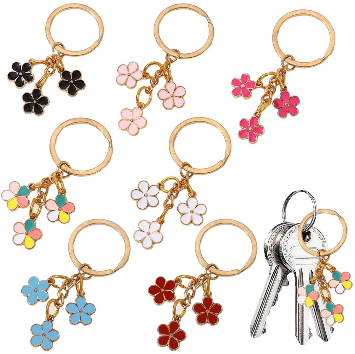 ZEYNOMAX- Sleutelhanger - 7 Stuks Kleurrijke Bloemen - Schattige Sleutelhangers - Tasdecoraties - Cadeau voor Vrouwen - Hoogwaardig Zinklegering - Sleutelhangeraccessoires