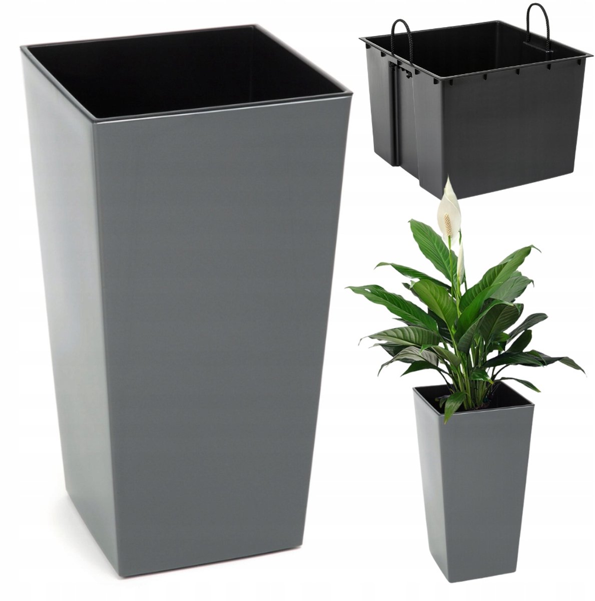 Lamela Finezja Antraciet Plantenbak 35x35x68cm Hoogglans met Inzet