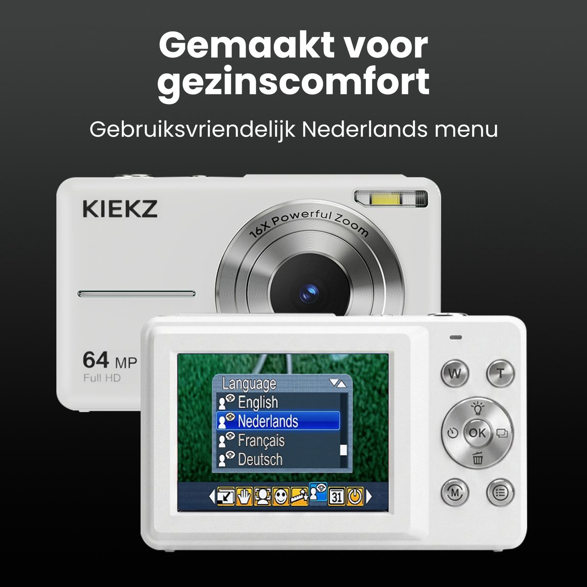 Kiekz Digitale Camera 64MP - Fotocamera Full HD - Mini Camera - Compact Camera - Fototoestel - Autofocus - Ideaal voor Kinderen en Beginners - Inclusief 32GB SD Kaart - Wit thumbnail 5