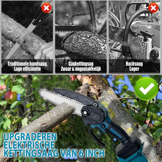 6 inch snoerloze kettingzaag met verlengsteel set - borstelloze mini kettingzaag 18V accu, elektrische snoeizaag, boomzaag, tuinzaag voor hout snoeien en boomtakken - complete accessoire kit — afbeelding 4