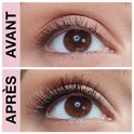 Voor- en nafoto van een oog met mascara. Wimper-voor-wimper effect.
