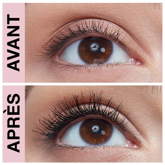 Voor- en nafoto van een oog met mascara. Wimper-voor-wimper effect.