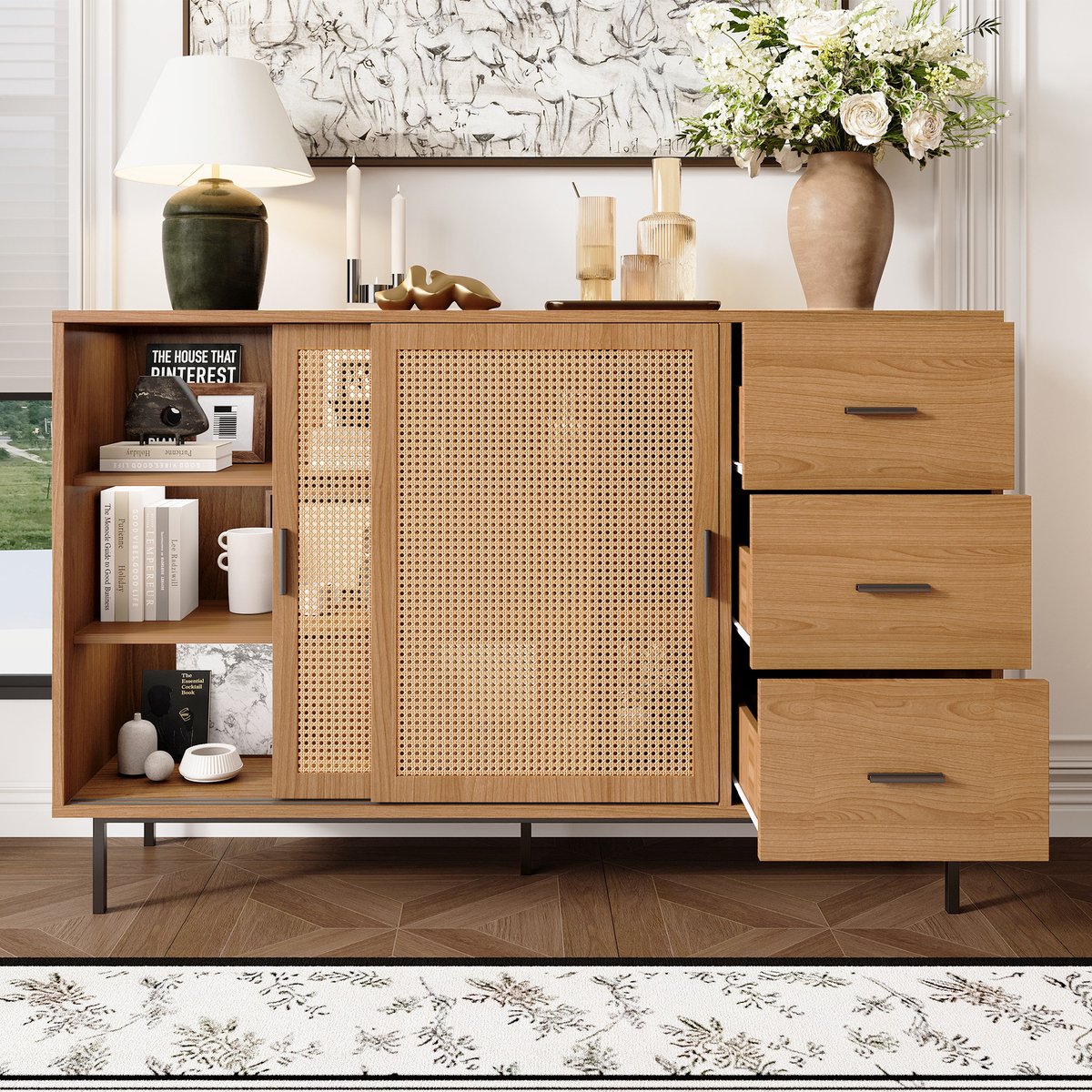 Intebiki Opbergkast - Dressoir van rotan - Voorzien van 2 schuifdeuren en 3 lades met verstelbare planken - Geschikt voor woonkamer en eetkamer - Natuurlijke kleur - Afmetingen: 140 cm breed / 91 cm hoog / 37 cm diep