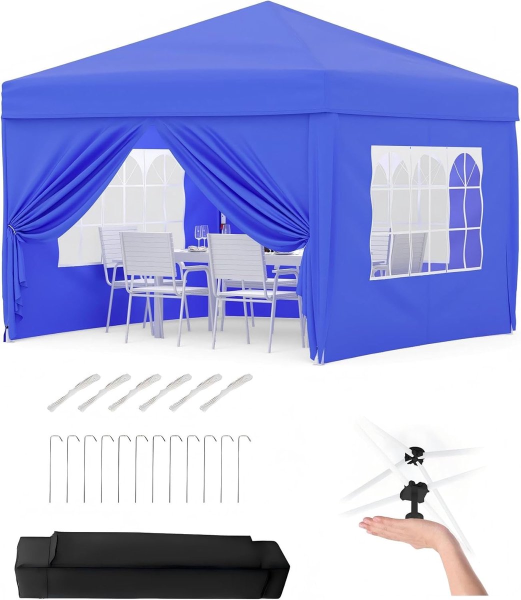Tuin Paviljoen - Partytent met Zijwanden - 3x3m - Opvouwbaar Waterdicht Pop-up - Hoogte Verstelbaar - Voor Tuinfeest, Camping, Bruiloft, Terras - Blauw