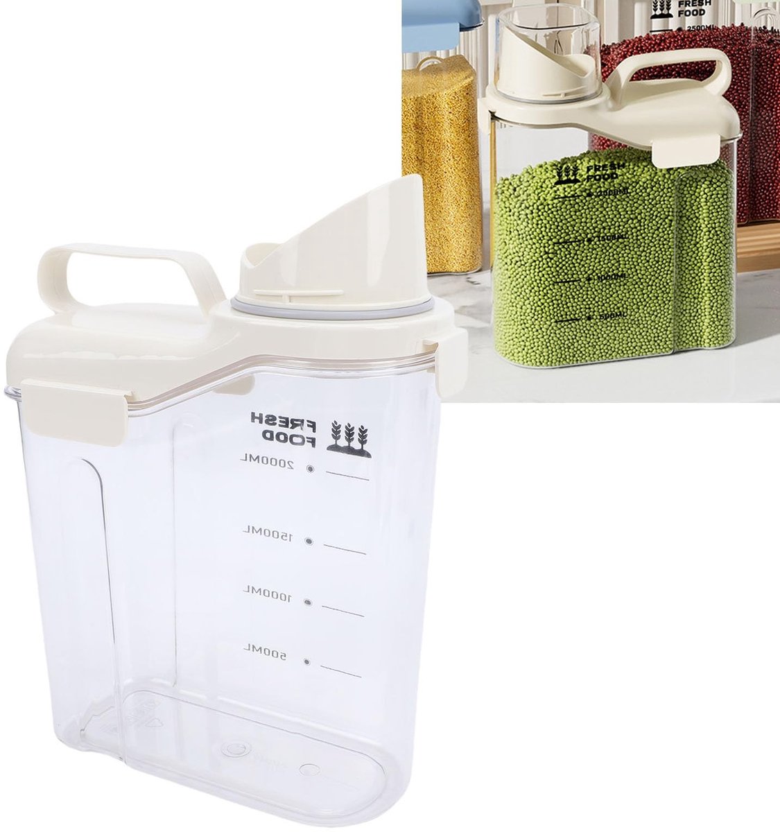 Dailygoods- Rijstopslagcontainer Luchtdicht - Granen/Meel/Bonen - Voedselgranendispenser - Keukenorganisatietrechter - Maatbeker - 2300ml - Voedselopslagcontainer