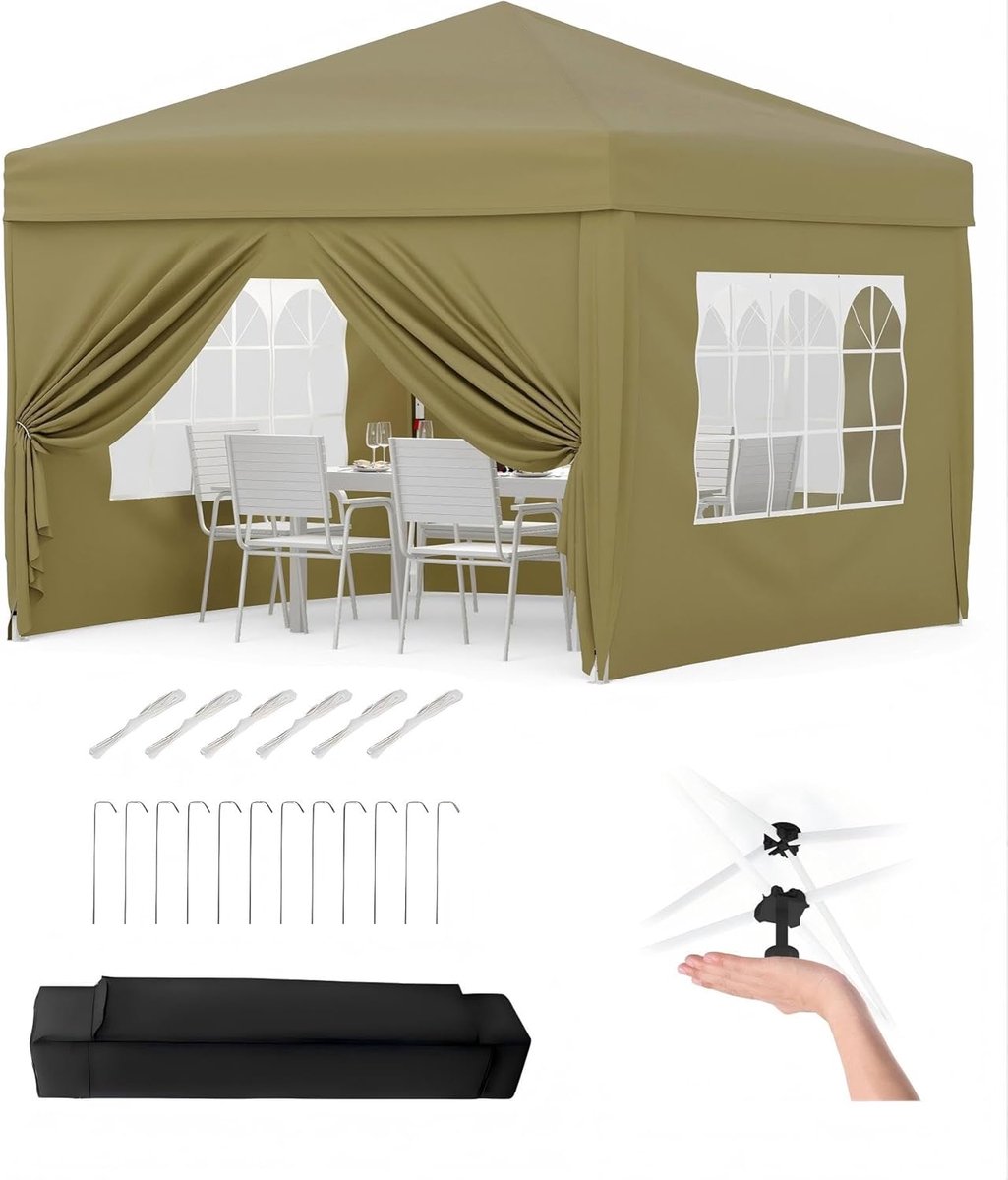 Tuin Paviljoen - Partytent met Zijwanden - 3x3m - Opvouwbaar Waterdicht Pop-up - Hoogte Verstelbaar - Voor Tuinfeest, Camping, Bruiloft, Terras - Kaki