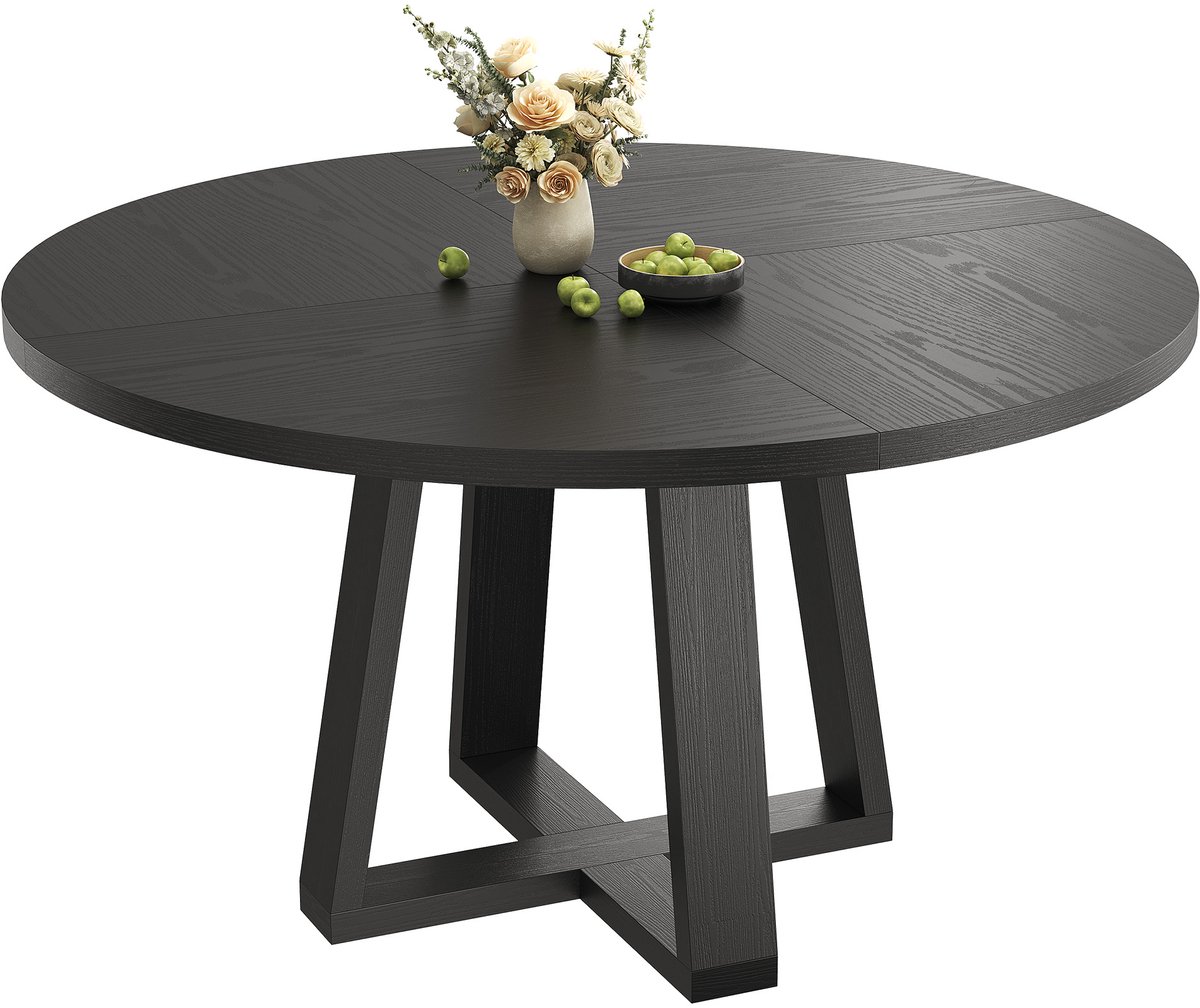 Ronde eettafel, 120 cm landelijke keukentafel voor 4-6 personen, stevig kruisvormig onderstel, zwart met houtnerf