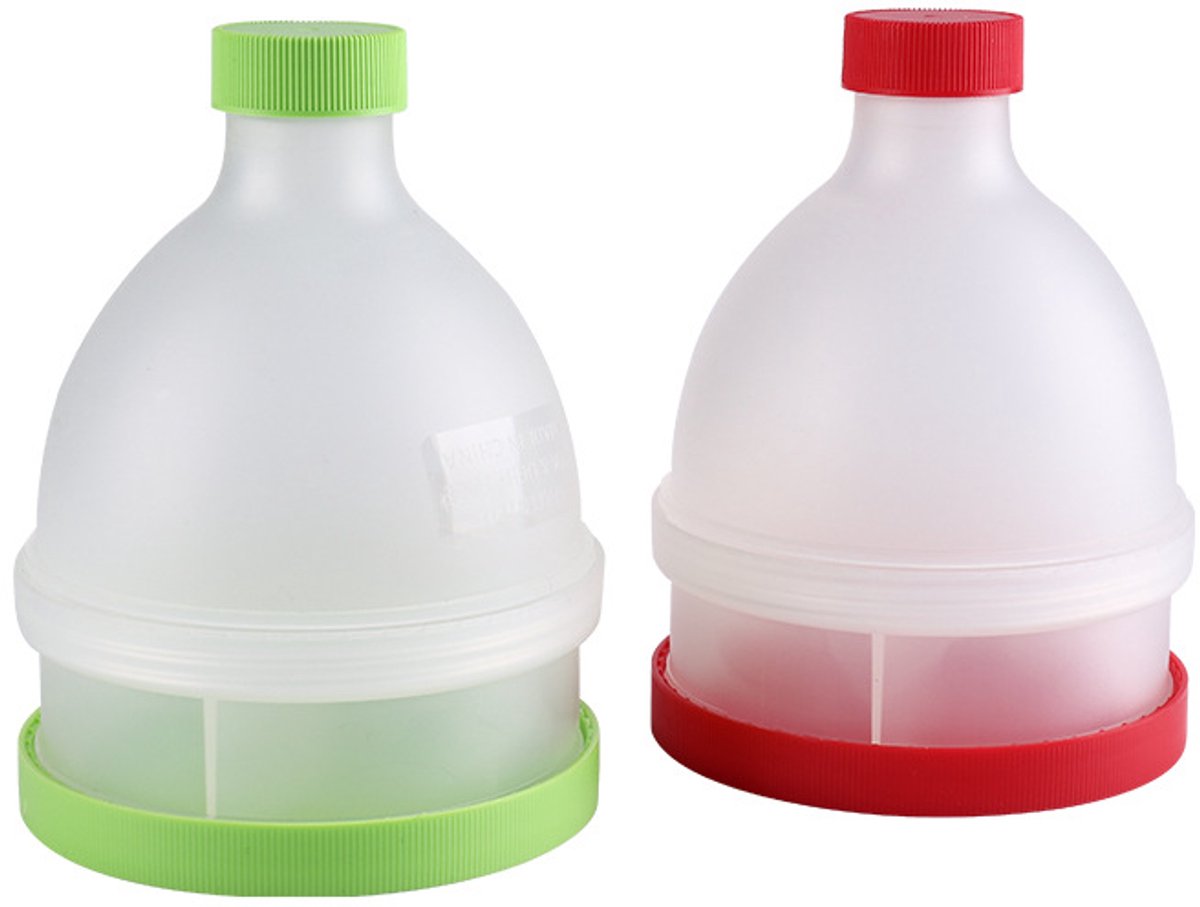 Set van 2 - Bewaarcontainer - 70 ml - Eiwitpoedercontainer - Trechterbeker - Geschikt voor sportvoeding en gezondheidssupplementen - Rood, Groen