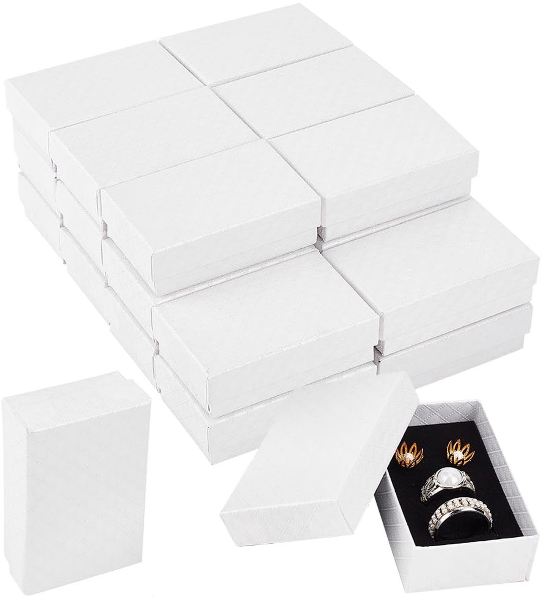 Dailygoods- Juwelendoosjes 24 Stuks - Kartonnen Geschenkdozen - 8,35 x 5,3 x 2,85 cm - Witte Diamantpatroon - Fluwelen Inzetstuk - Voor Feestdagen