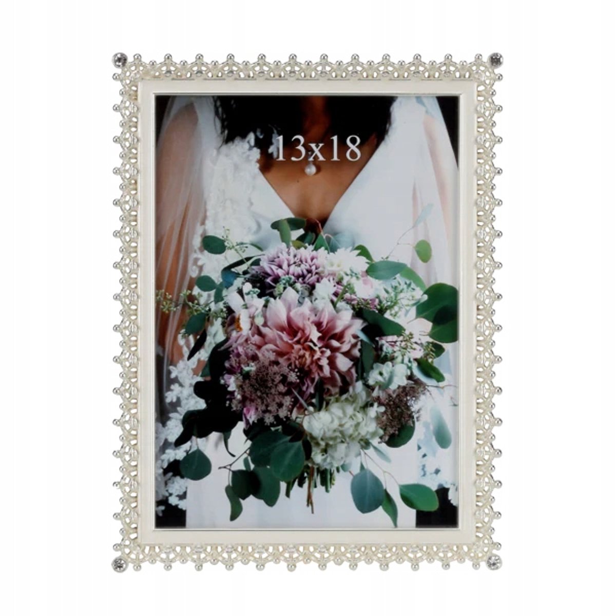 Fotovenster 13x18 cm, metaal, kristal, wit