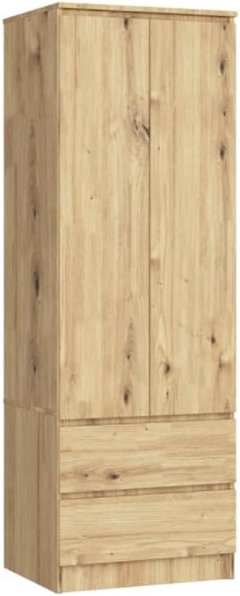 Kledingkast – House&Garden ArtisanWood 2-Deurs Garderobekast met 2 Lades en Kledingroede – 180 x 60 x 51 cm – Moderne Opbergkast voor Slaapkamer, Hal en Kinderkamer – Eiken Artisan