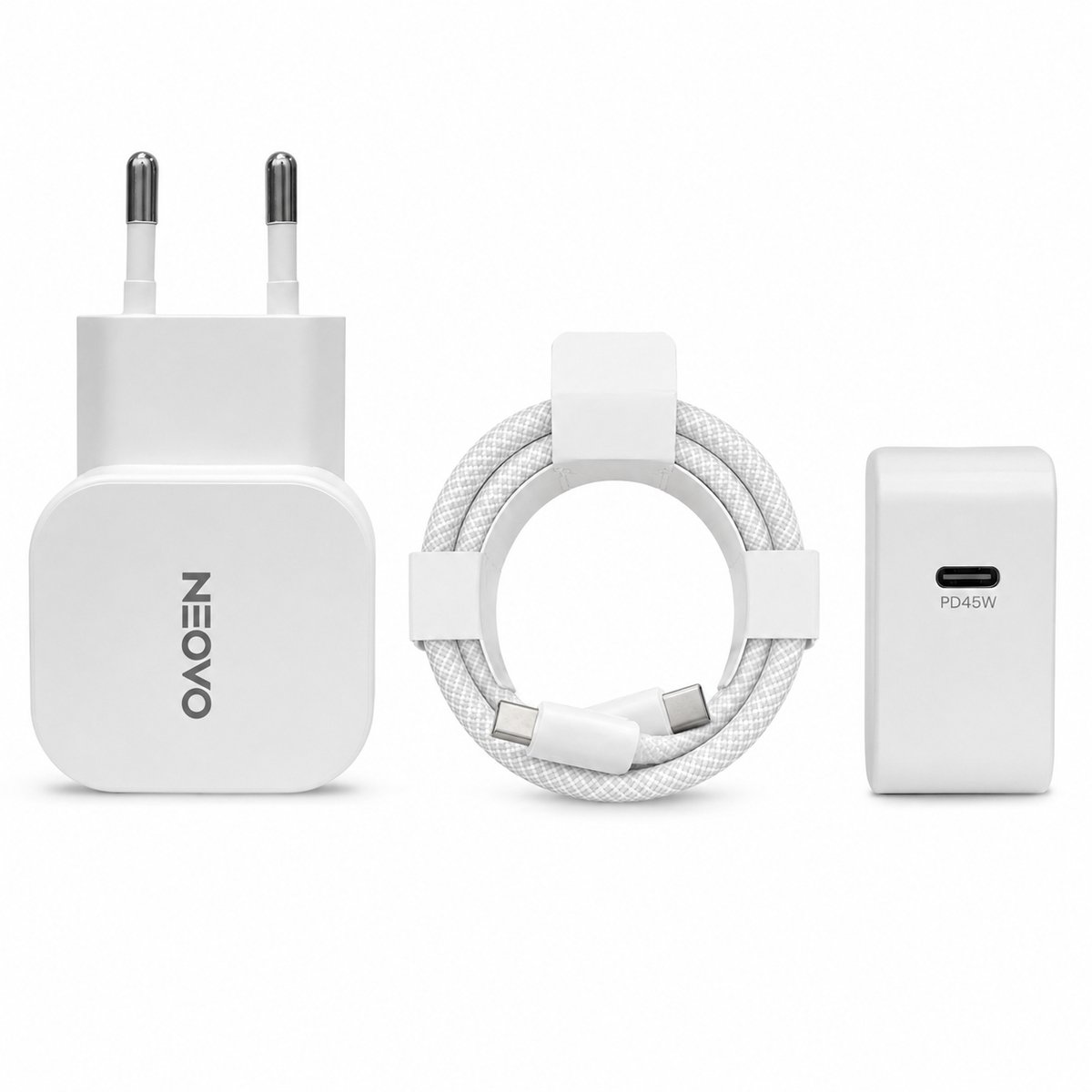 NEOVO 45W GaN USB-C Snellader + 240W USB-C Kabel – iPhone / Samsung / MacBook Oplader – Snelle Reislader voor Werk & Onderweg