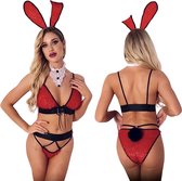 Sexy Bunny Pakje - 4 Delig Konijnen Kostuum - Zwart & Rood - Rollenspel / Cosplay / Roleplay / Anime - Bralette, Haarband, Kraag En Slip - One Size