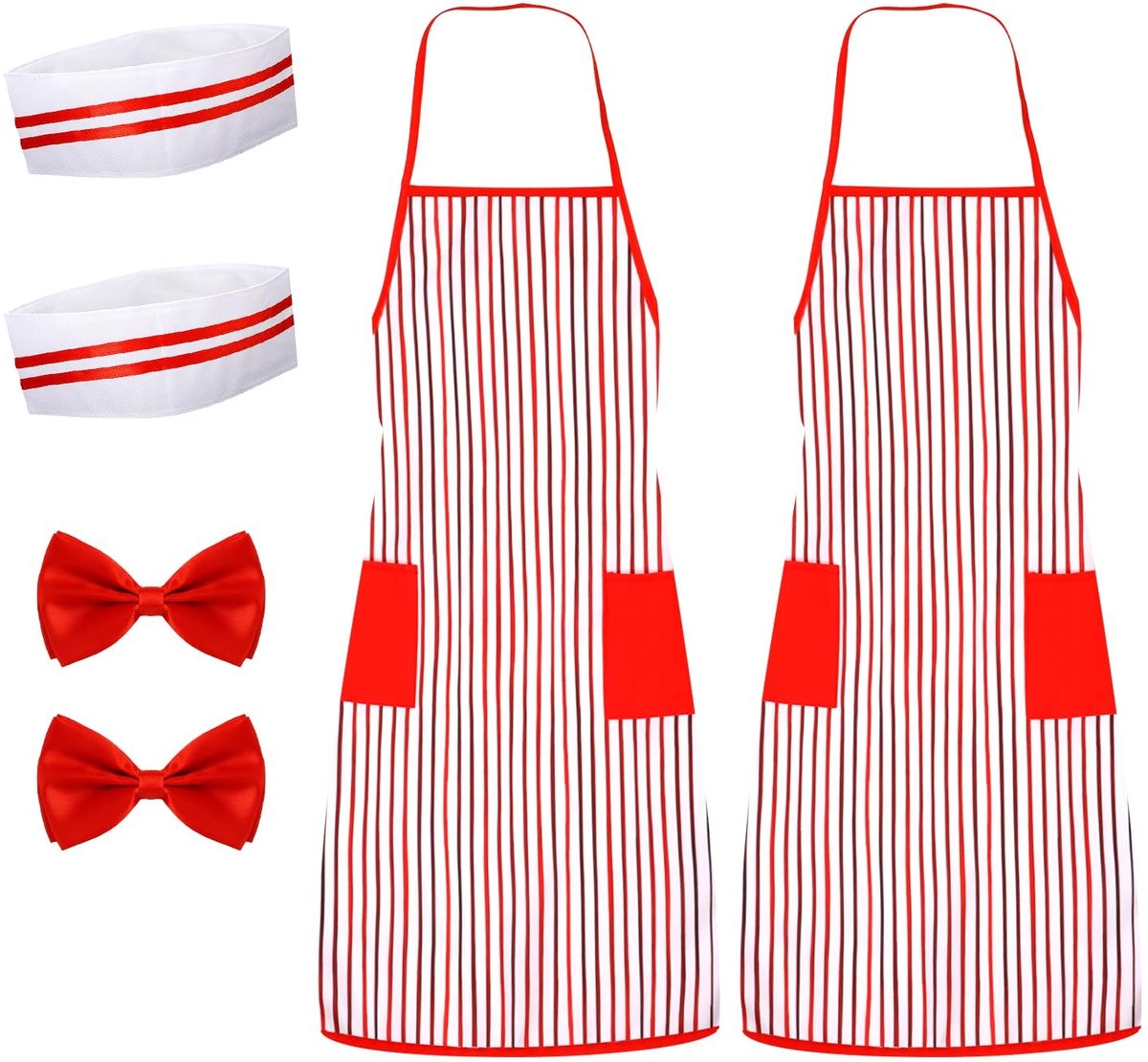 Dailygoods- Kostuumset 6 Stuks - Rood/Wit Gestreepte Schort - Koksmuts - Vlinderdas - Volwassenen - Polyester Doek - Carnavalskostuum