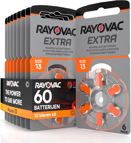 Rayovac Extra hoortoestelbatterijen maat 13, 60 stuks in oranje en grijze verpakking.