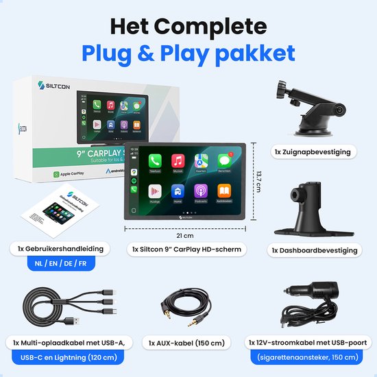 Complete Plug & Play pakket van Siltcon: 9 inch HD scherm, diverse bevestigingen, kabels en 12V-stroomkabel. Handleiding in 4 talen.