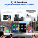 9 inch HD draadloos Carplay/Android Auto-scherm. Toont compatibiliteit met iOS en Android, draadloze verbinding en installatieopties.