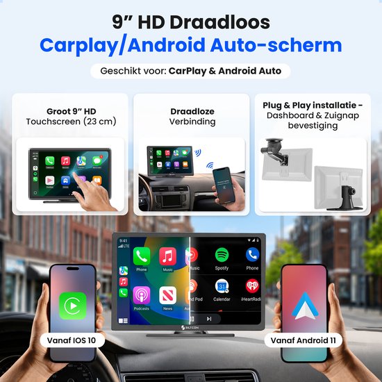 9 inch HD draadloos Carplay/Android Auto-scherm. Toont compatibiliteit met iOS en Android, draadloze verbinding en installatieopties.