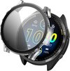 Transparante screenprotector voor Garmin Forerunner 965, met chromen rand. De smartwatch is zwart met een felgeel bandje.