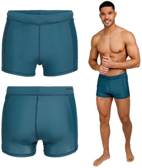 Montage d'un maillot de bain couleur pétrole avec logo et d'un homme portant le maillot de bain.