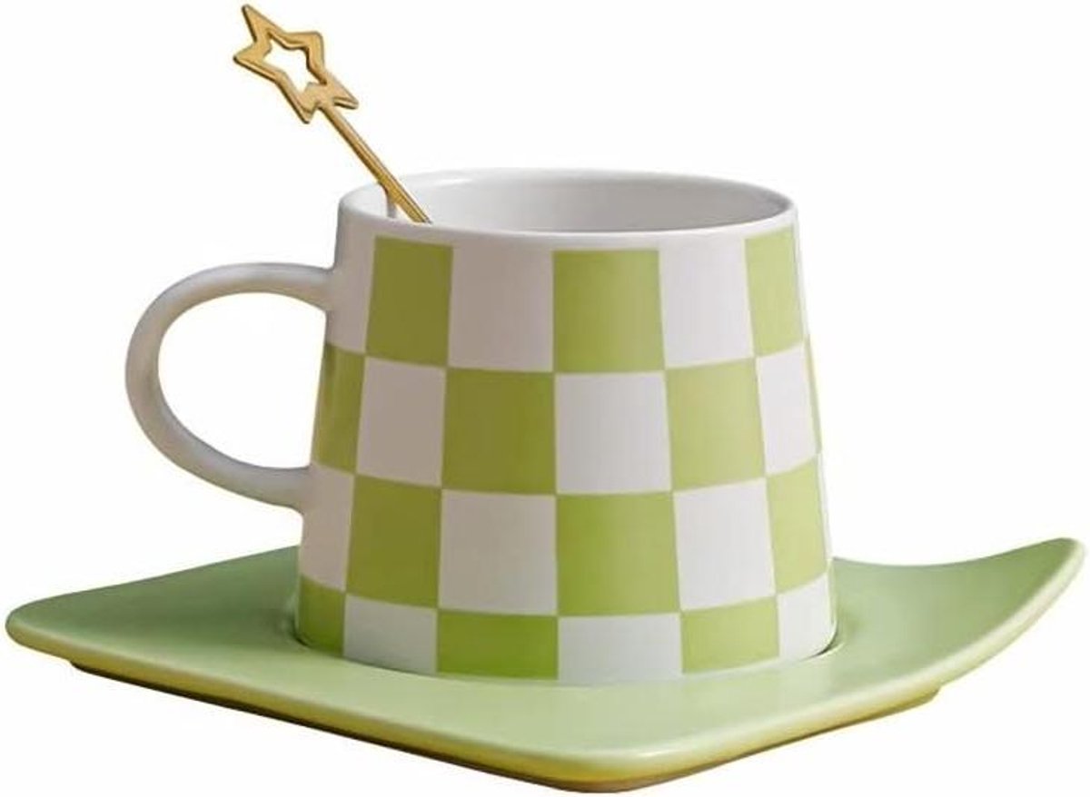 Cappuccino kopjes met schotel - Espresso mokken - Koffie serveren - Verhoogde rand schotel - 240 ml inhoud - Groen