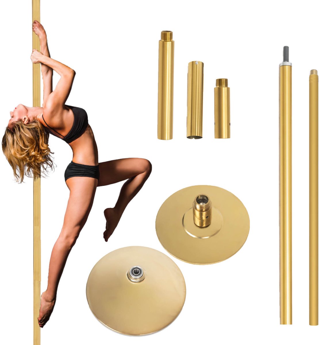 TRUTZHOLM - Pole Dance Danspaal Goud - Professioneel 231-274 cm - Ø 45mm - Static & Spinning - Tabledance Paal Zonder Boren