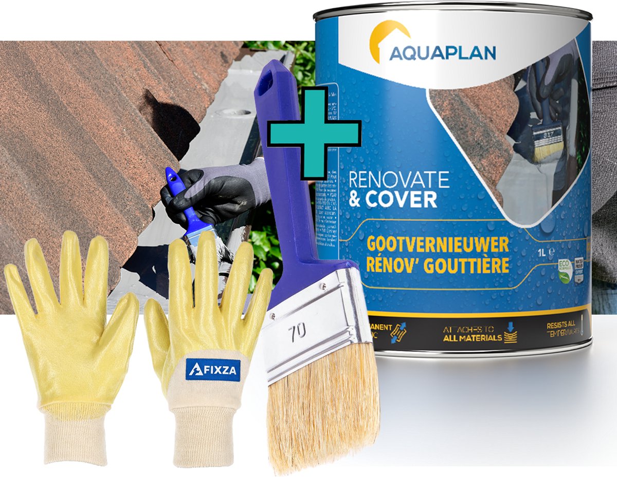 AQUAPLAN Gootvernieuwer – set – Waterdichte Dakgoot Coating voor Reparatie en Renovatie van Lekkende Goten – 1 L – Grijs