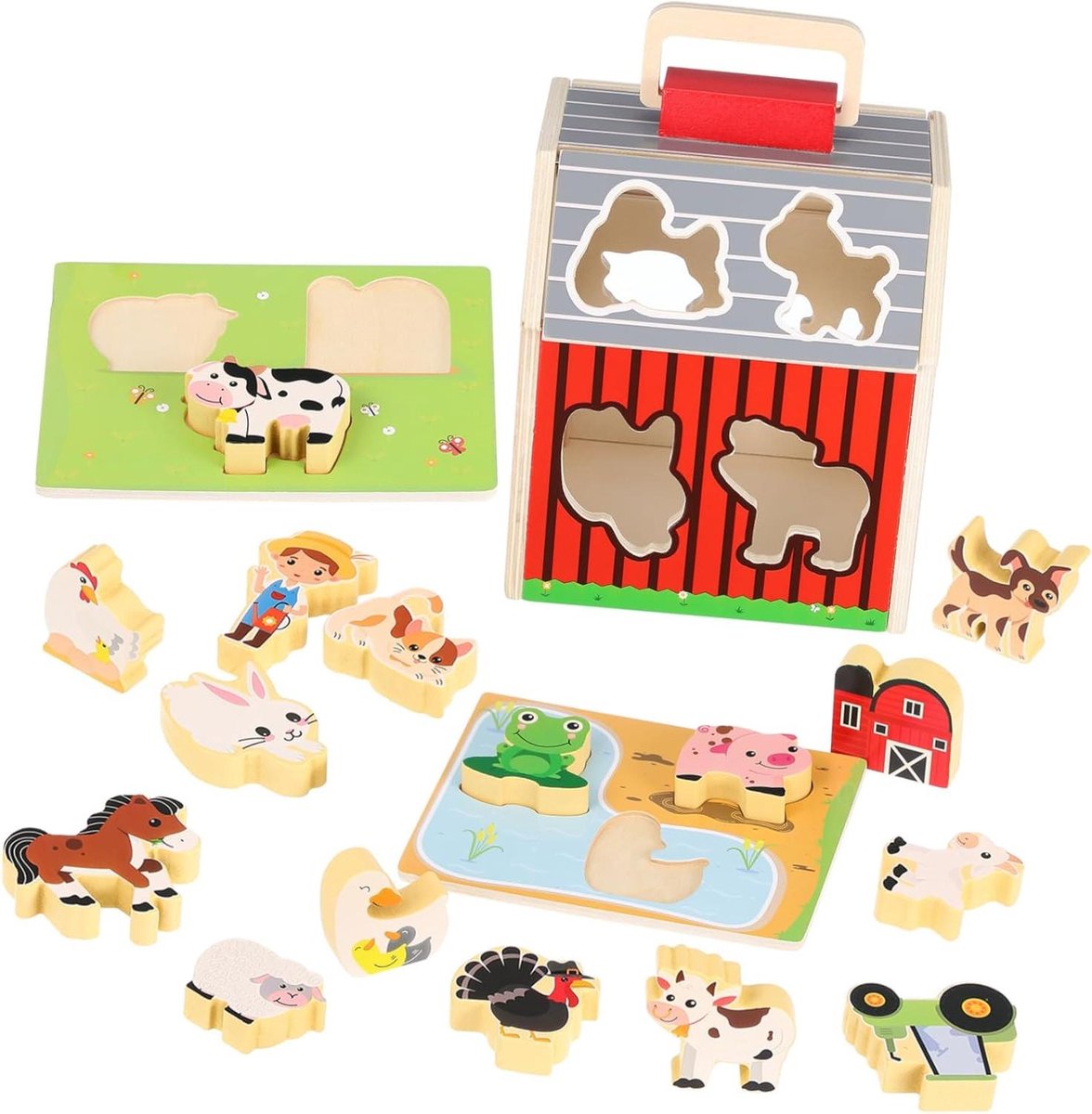 Houten Boerderij Speelgoed - Educatief Spel - Cognitieve Ontwikkeling - Handgemaakt Hout - 20x16x15cm - Multicolor