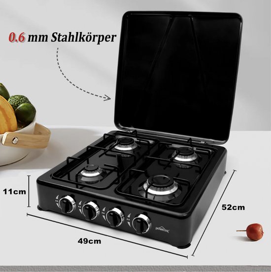 HOMELUX 6,2 kW gasfornuis - 4 verschillende branders - Campingkookplaat met deksel - Met slang en 50mbar drukregelaar - Gasfornuis voor buiten - Zwart van Homelux — afbeelding 3