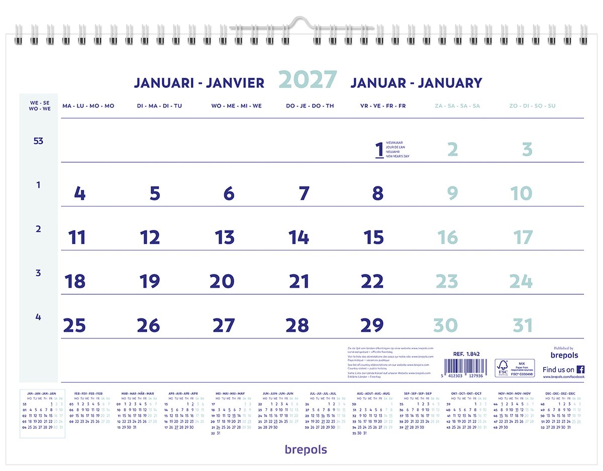 Brepols Maandkalender 2027 - Wire-O - 43 x 31,5 cm