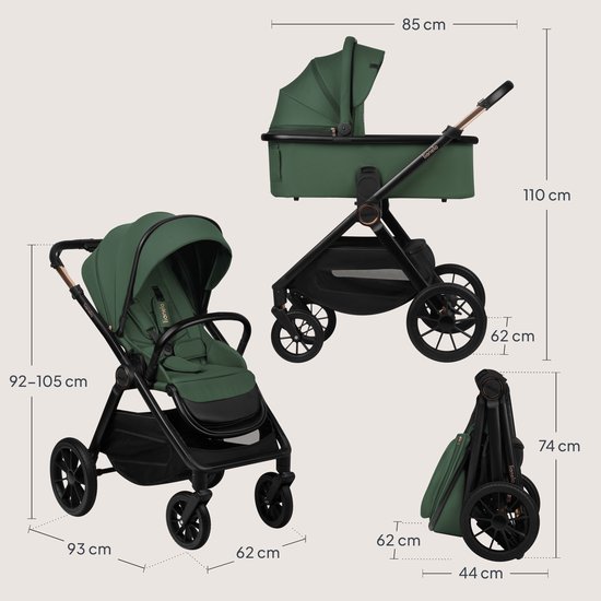 Lionelo Layla 2in1 Kinderwagen XXL Set – Reiswieg & Wandelwagen – Grote All-Terrain Wielen met Vering – XXL Zitje tot 22 kg – Panoramische 3D-Ventilatie – AiryDots Matras – Eenhandige Bediening – UPF50+ – Complete Accessoireset