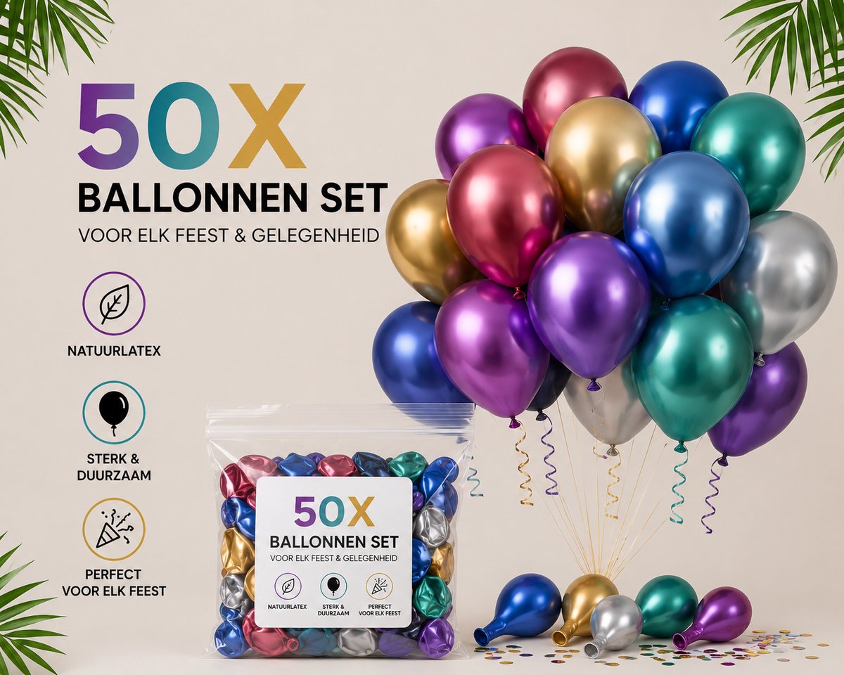 HG Party - Metallic Latex Ballonnen Mix 12 inch – 50 stuks – Luxe Feestballonnen voor Bruiloft, Verjaardag & Decoratie