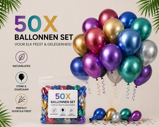 Gouden, rode, paarse, blauwe, groene, zilveren en zwarte ballonnen. Verpakt en los in de verpakking. 50X BALLONNEN SET.