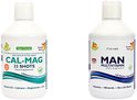 Twee flessen: CAL-MAG 33 SHOTS en MAN MULTIVITAMIN, beide witte plastic flessen met gekleurde etiketten.