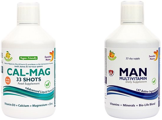 Twee flessen: CAL-MAG 33 SHOTS en MAN MULTIVITAMIN, beide witte plastic flessen met gekleurde etiketten.
