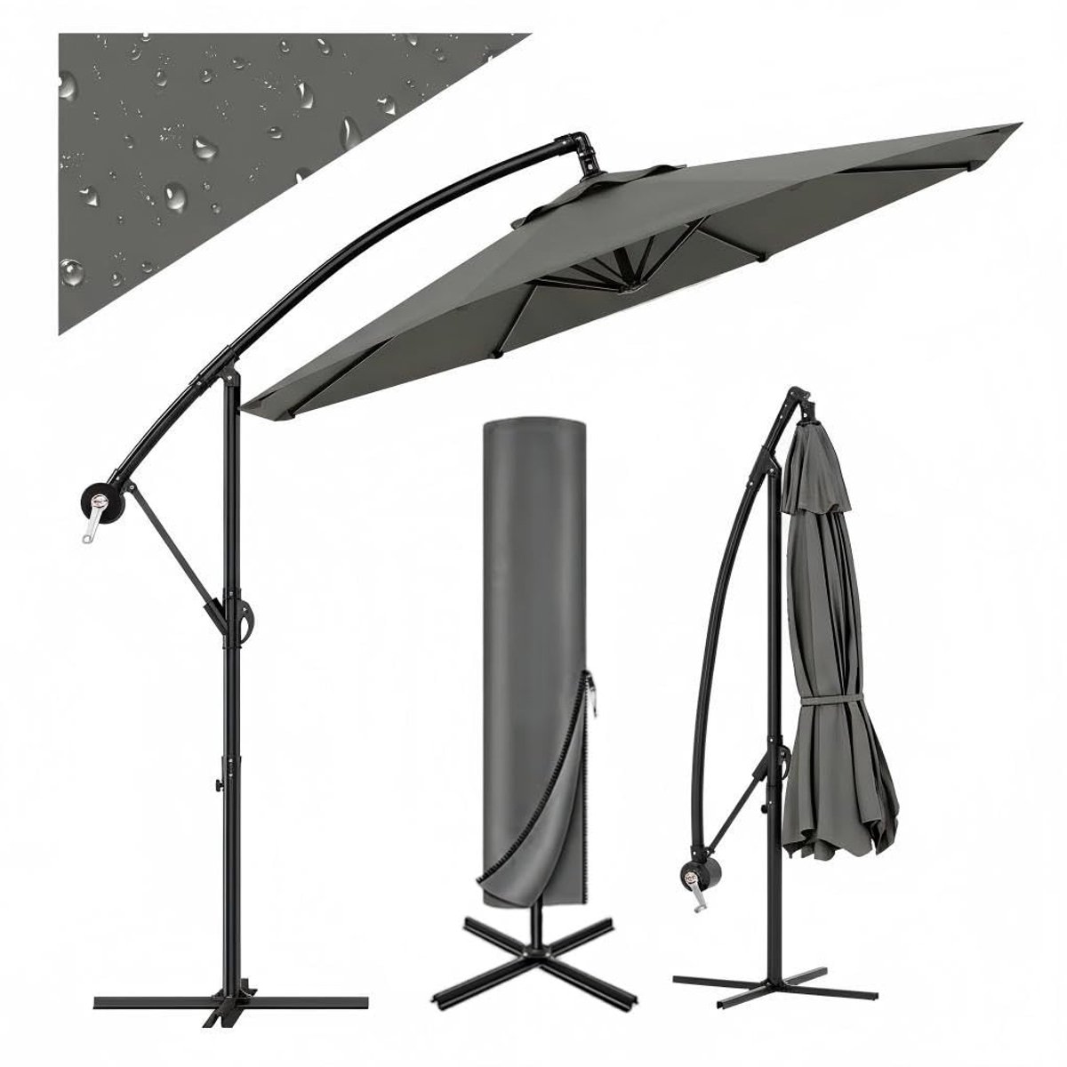 Parasol met Voet, 3x3m, Zweefparasol met Draaibaar 360°, Bananenparasol met Handslinger, Tuin Zonnescherm voor Terras, Balkon of Buiten Eettafel, Grijs