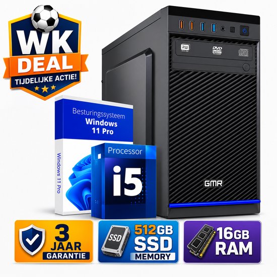 Desktop Computer Intel Core i5 | 16GB RAM | 512GB SSD | Windows 11 Pro | WiFi | DVD-RW | Office PC | Werkcomputer | Zakelijke Computer | Thuiswerk Computer | Kantoor PC | Studie Computer | 3 Jaar Garantie