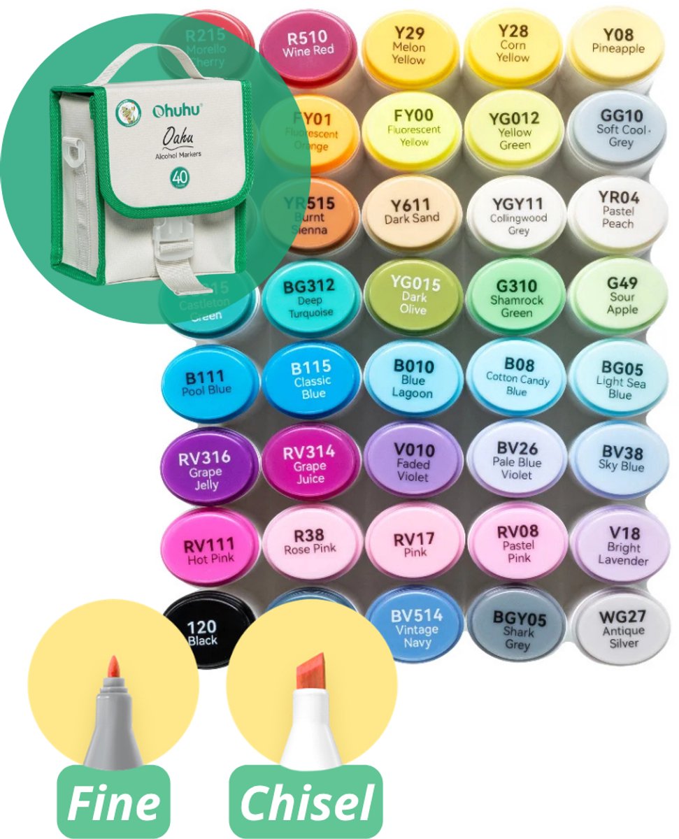 Ohuhu - Oahu Fine & Chisel - Alcohol Art Markers - 40 kleuren - grijze etui