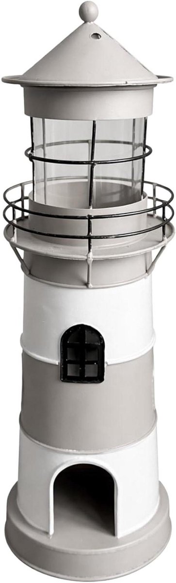 Vuurtoren Windlicht - Maritieme Lantaarn - Sfeervol Huis - Gekleurde Strepen - 42 cm Hoog - Grijs/Wit