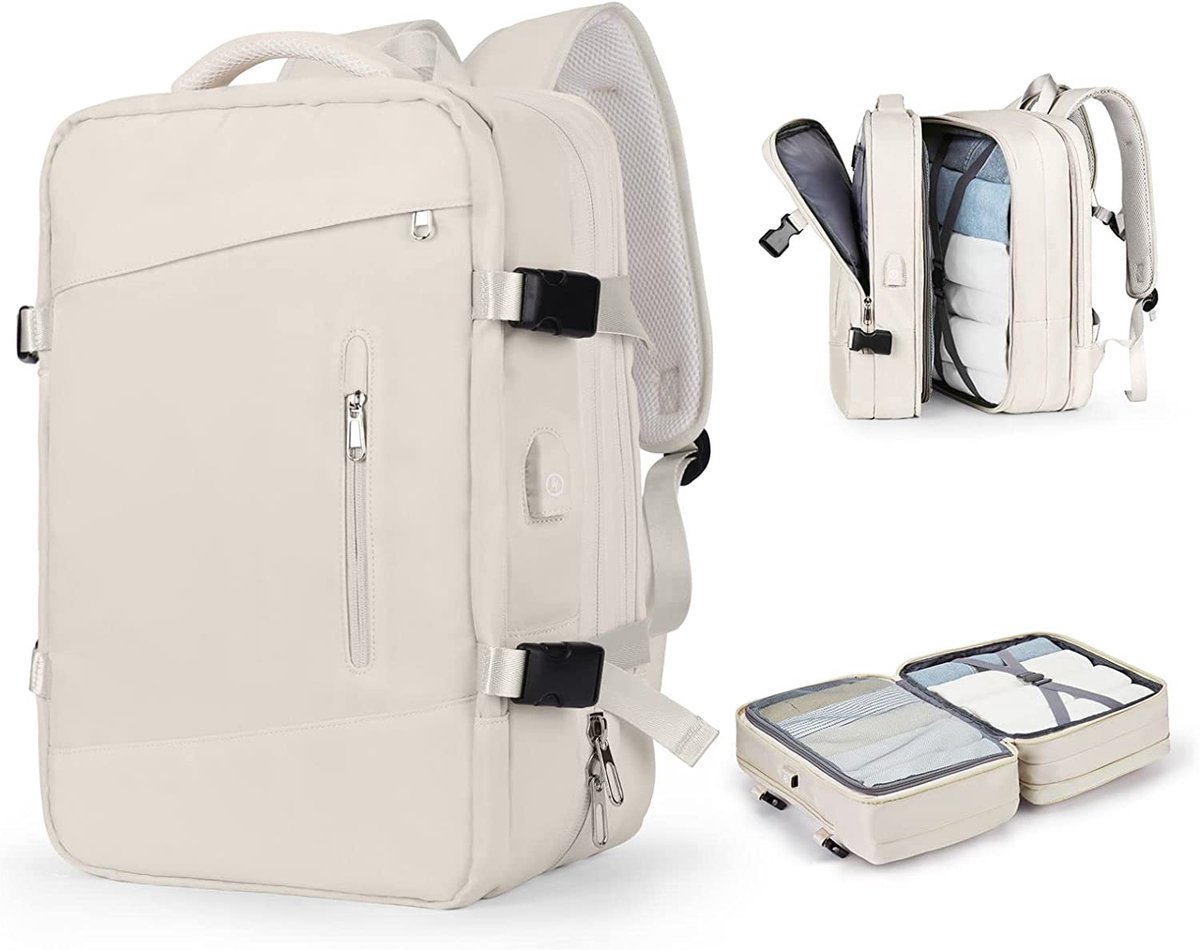 Grote Capaciteit Laptop Rugzak 17 Inch – Uitbreidbare Reiserugzak, Schooltas en Handbagage Rugzak voor Dames en Heren – Waterafstotende Rugzak met USB-Aansluiting, Apart Schoenenvak en Natvak – Voor Werk, Reizen en School