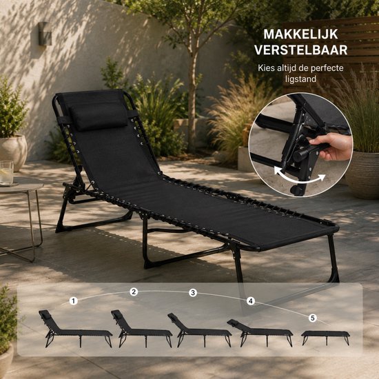 Outbee Ligbed - Ligstoel - Zonnebed - 190x55x30 cm - Inklapbaar - Verstelbaar - Weerbestendig - Zwart van Outbee — afbeelding 4