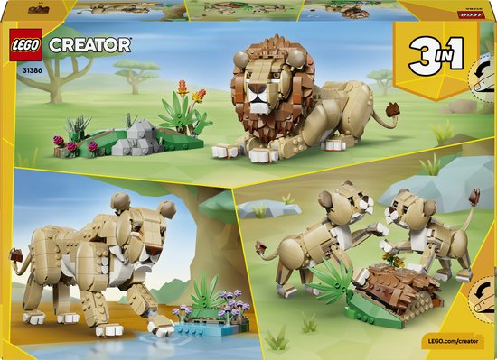 LEGO Creator 3-in-1 verpakking toont drie leeuwen modellen: een leeuw, een leeuwin bij water, en welpen bij een boomstronk.