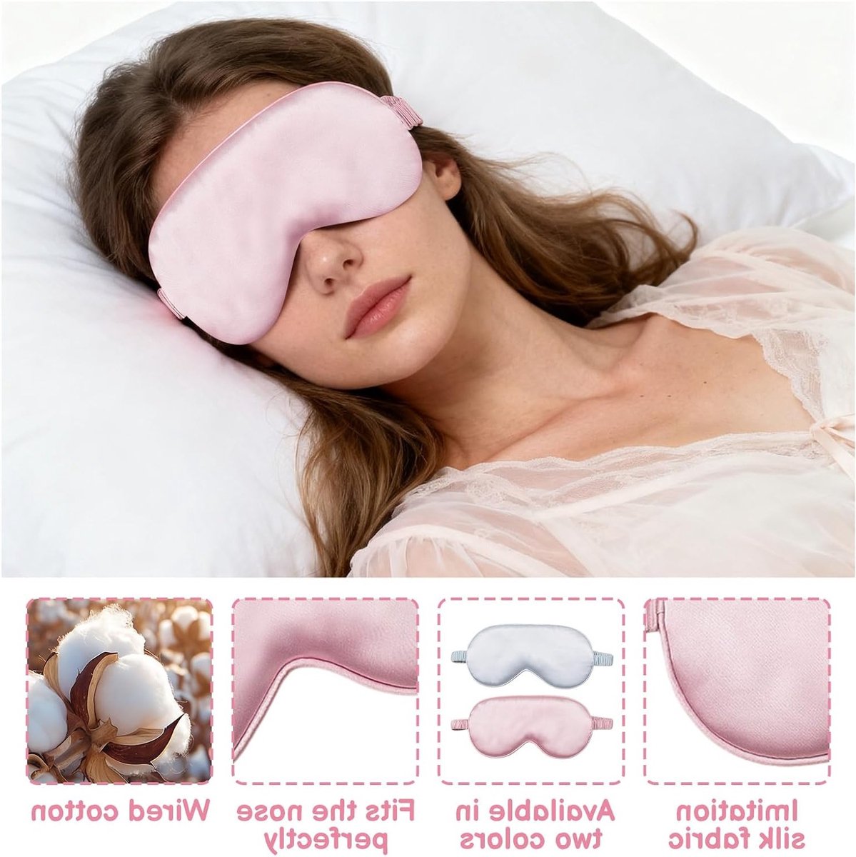 Comfortabel zijden slaapmasker voor optimale nachtrust, lichtblokkerend oogmasker met elastische band, zachte afdekking voor zijslapers (roze)