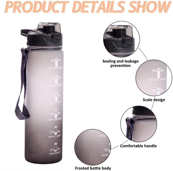 Oneay Sportbidon 1 Liter - BPA-vrije Tritan Drinkfles - Lekvrije Bidon met Soft-Touch Afwerking - Geschikt voor Sport, Fitness en Outdoor - Zwart/Wit Kleurverloop — afbeelding 5