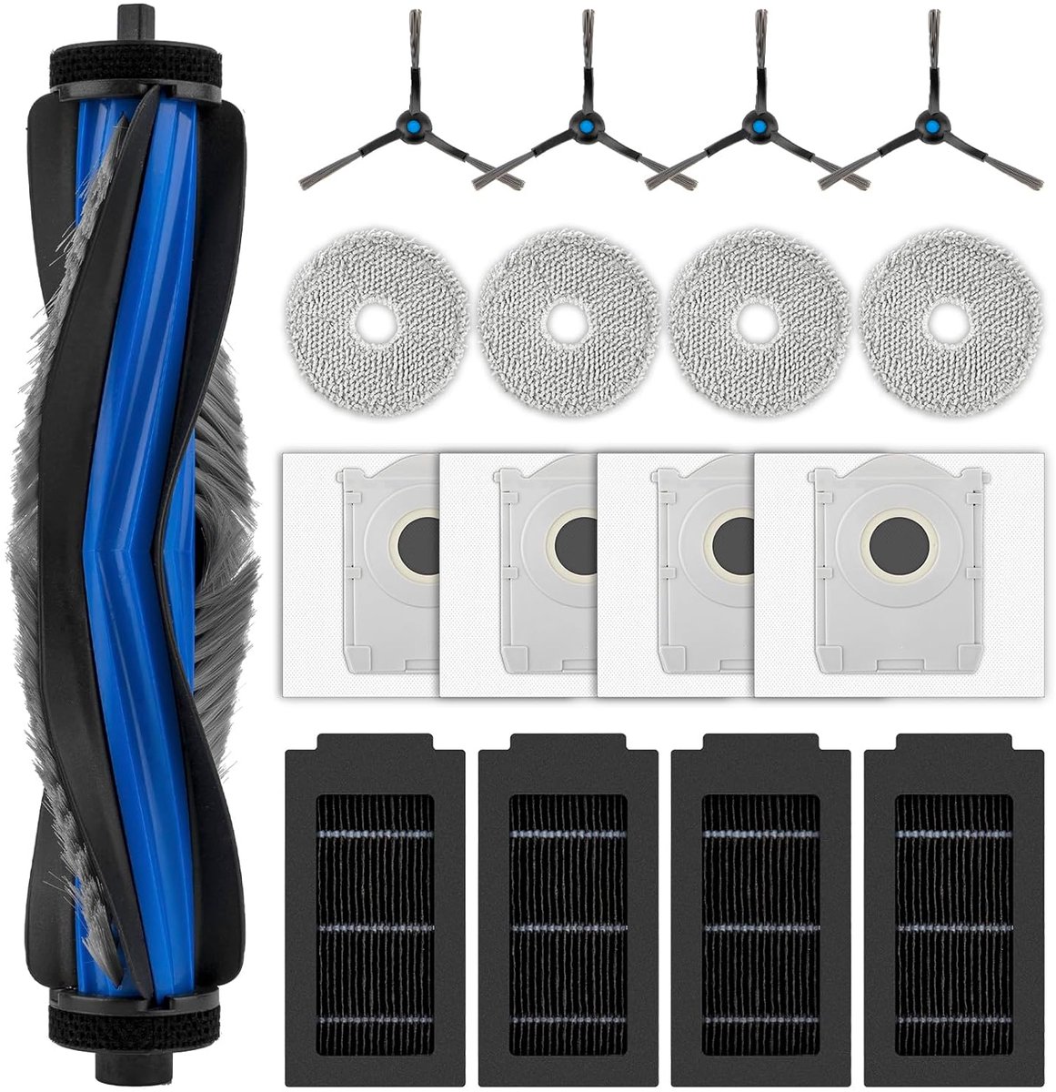 17-delige T50 Pro alles-in-één kit Geschikt voor Ecovacs Deebot T50 Omnidirectionele/T50 Pro Omnidirectionele apparaten: 1 roterende borstel, 4 zijborstels, 4 stofzakken, 4 filters, 4 dweilmatten