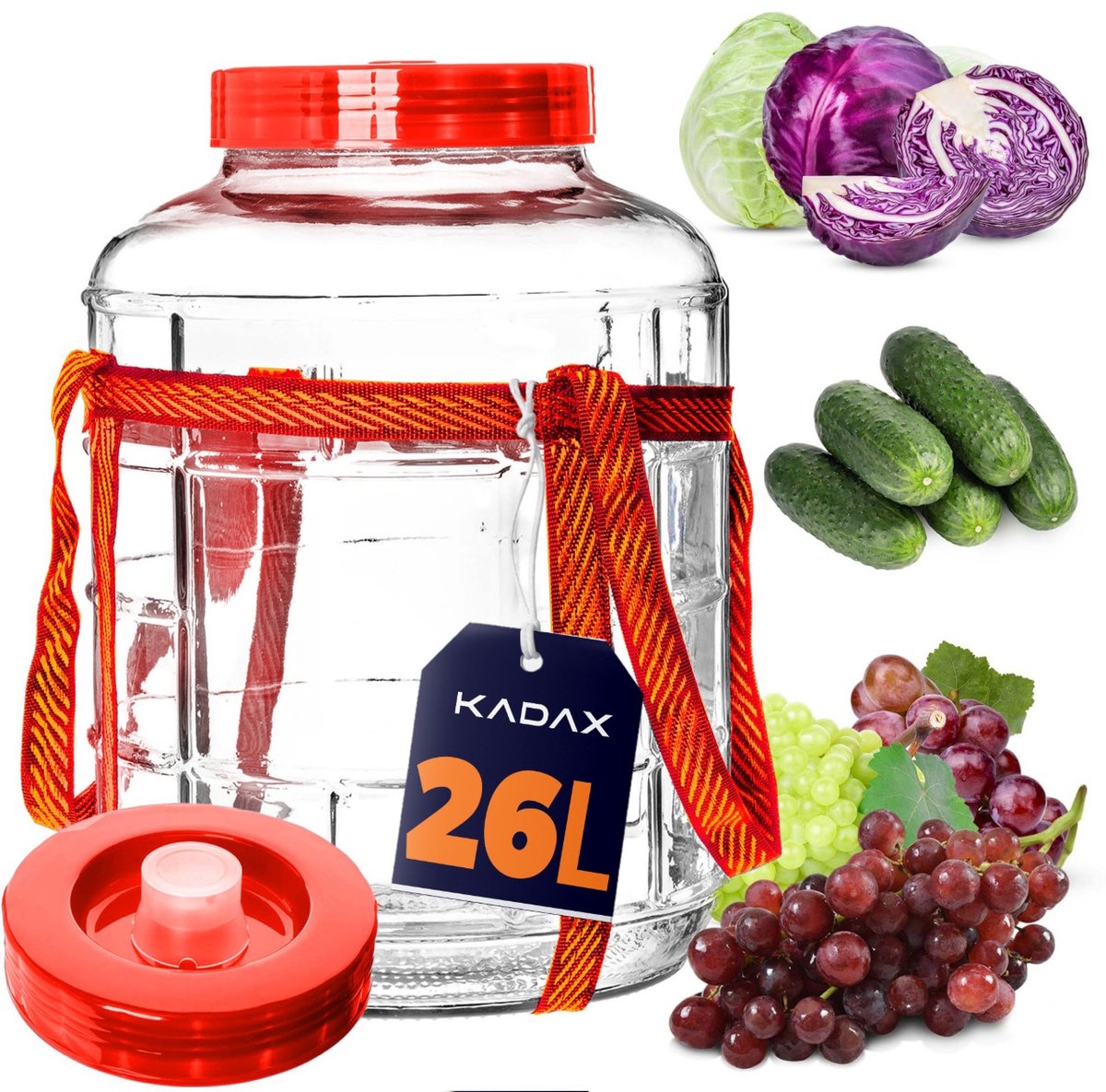 KADAX Gistballon 26 l, glazen ballon met deksel van kunststof, wijnballon, glazen gistballon, universeel glas, komkommerglas, voorraadglas, bewaarglas, fermentatiecontainer, inmaakglas
