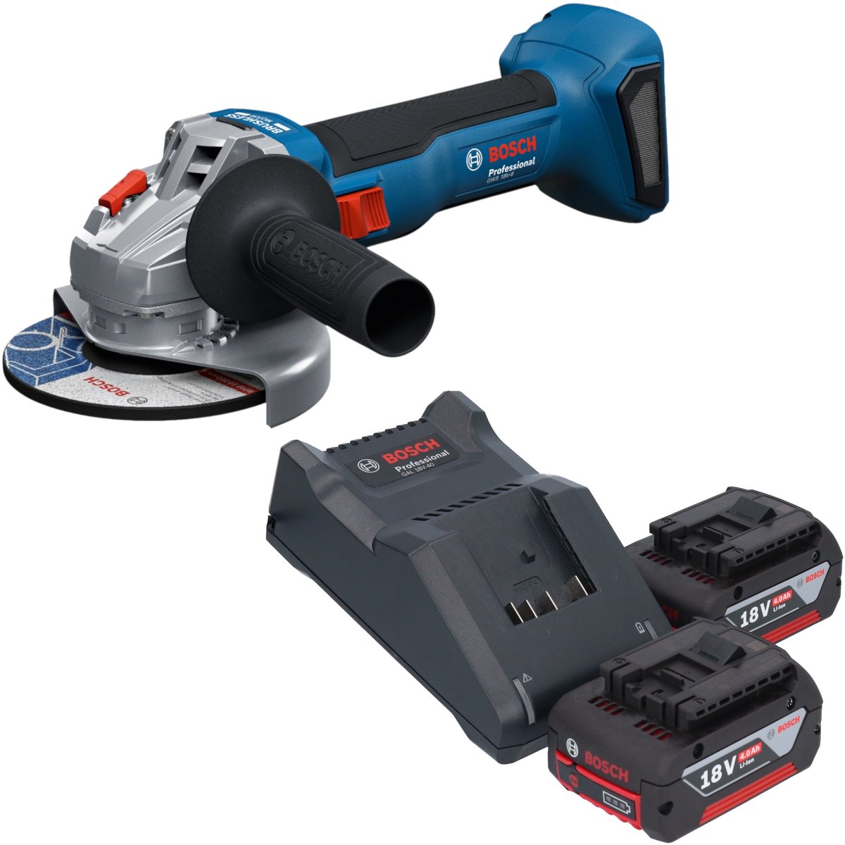 Bosch GWS 18V-8 Professional accu-haakse slijper 18 V 125 mm borstelloos + 2x accu 4,0 Ah + oplader